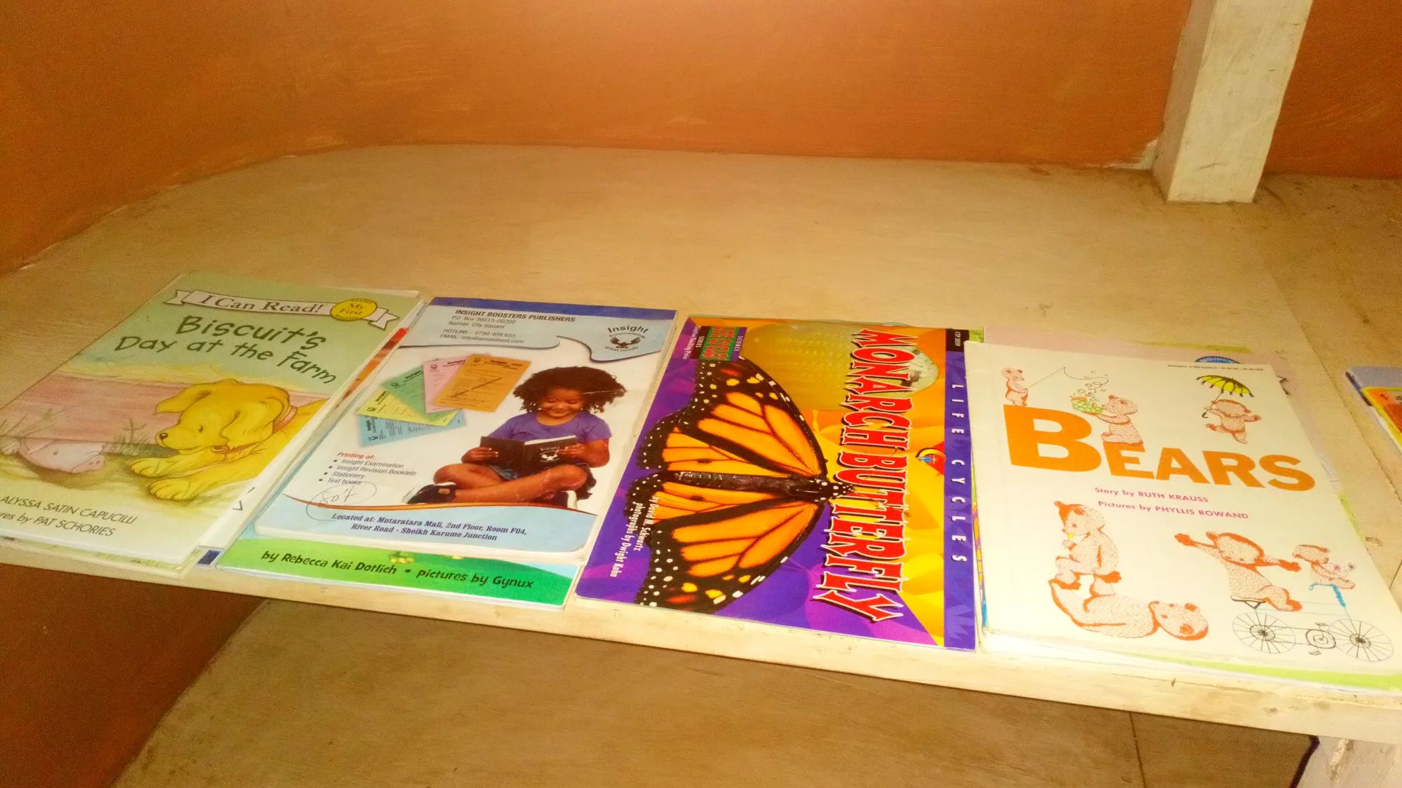 Picture books displayed on a library shelf at Amboseli Primary School